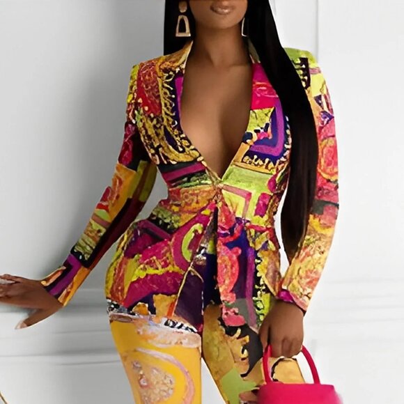 COPY-NWT Colorful Baroque Pattern Designer Blazer and Leggings 2-Piece Pants Set - Picture 5 of 12
